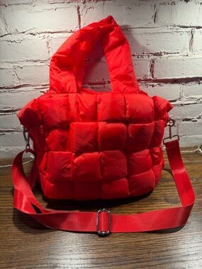 Red Quilted Puffer Tote Bag with Adjustable Strap